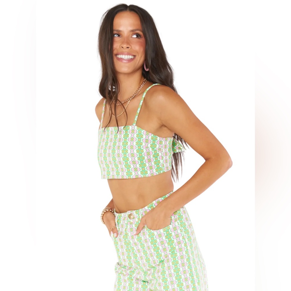 Show me your MuMu Borderline Pink Green Denim Tie Back Crop Top NWOT Size Small